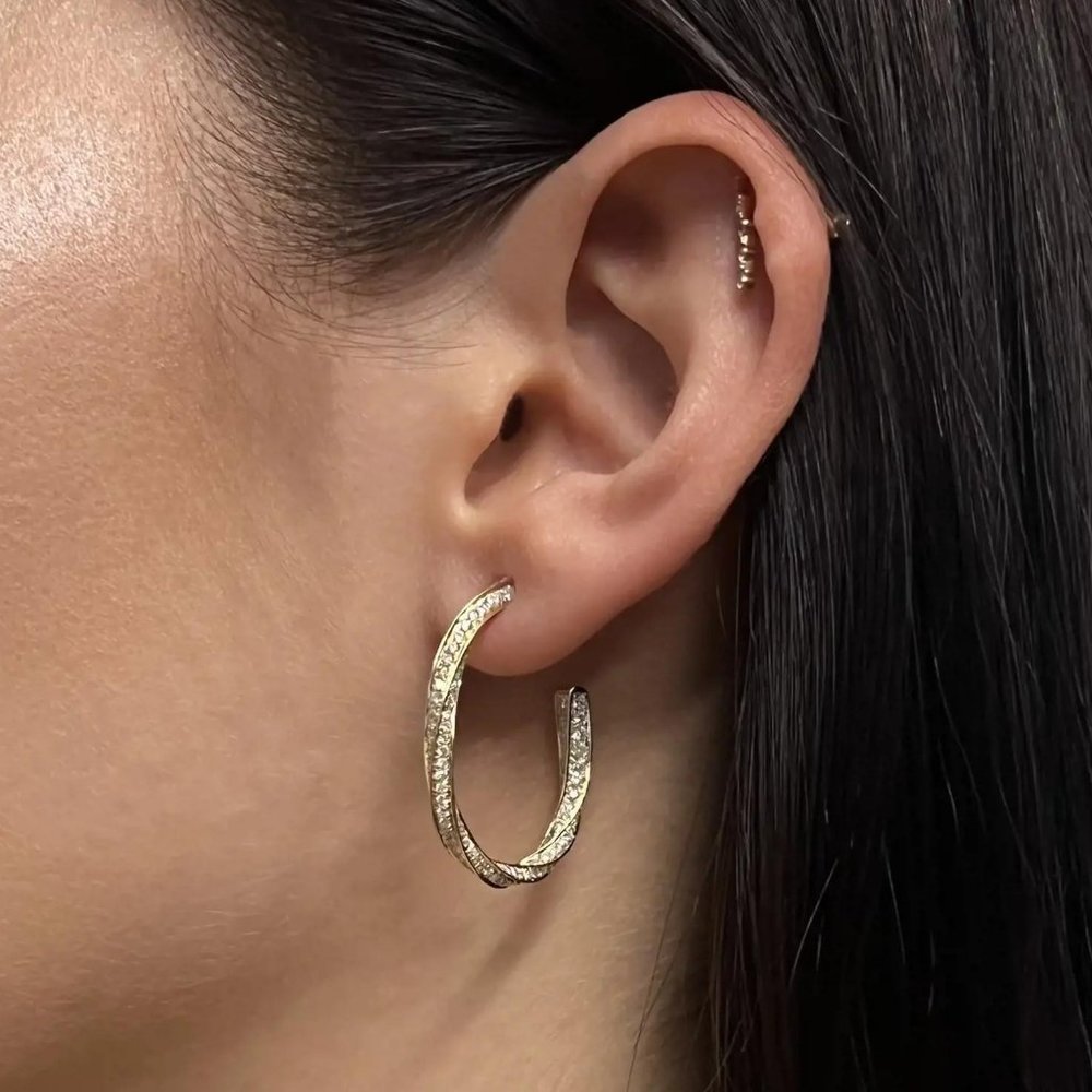 2.04Cttw Pave Set Round Cut Diamond Hoop Earrings 18K Yellow Gold